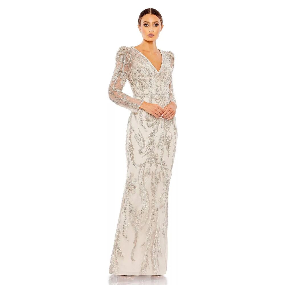 Mac Duggal Sequin Beaded Long Sleeve V-Neck Gown NWT 8 Silver Champagne 20349